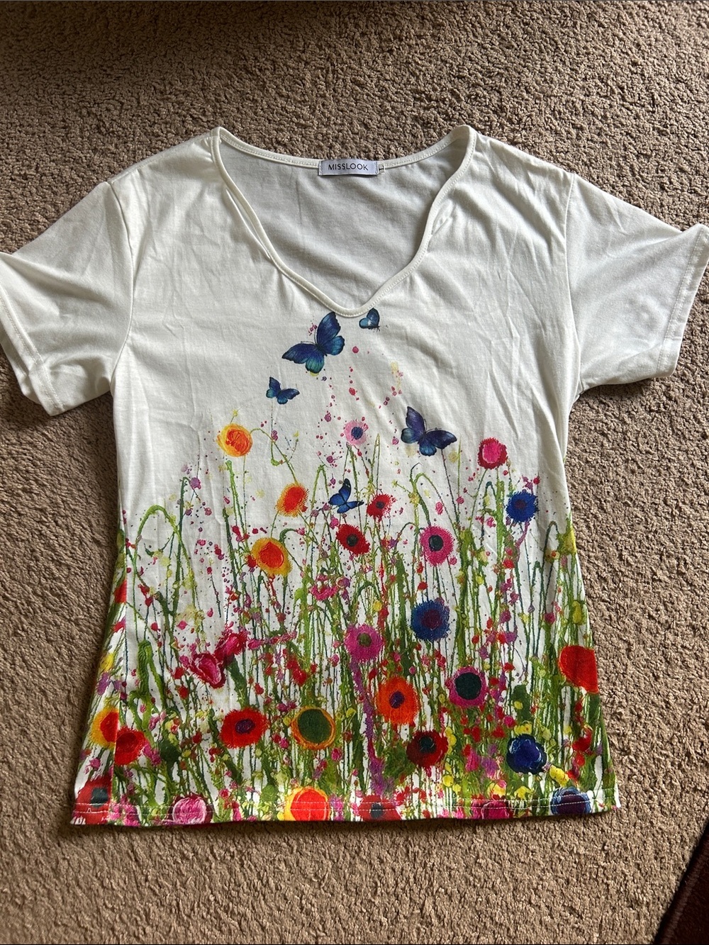 MISSLOOK White V-Neck Tee with Colorful Floral & Butterfly Border